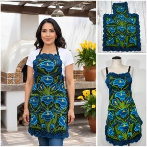 Mexican Embroidered Zinacantan Blue Calla Lily Artisan Apron